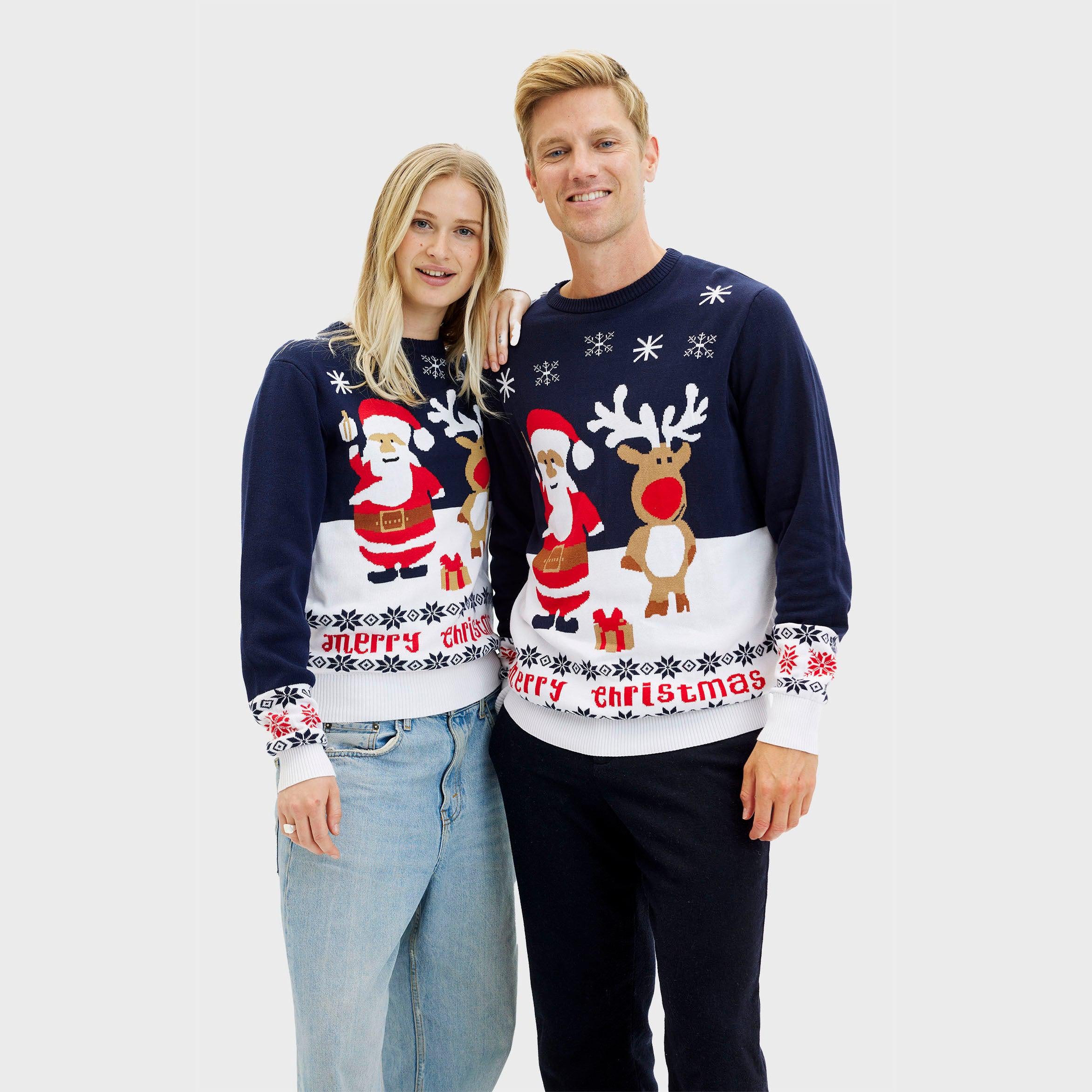 Blauer Weihnachtspullover Herren mit Rentier, Weihnachtspullover Damen mit Santa Claus, festlich und nachhaltig.