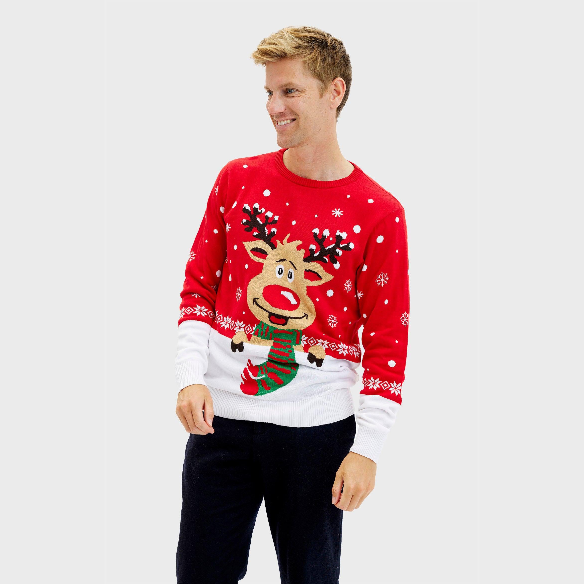 Roter Weihnachtspullover Herren mit Rentier-Motiv und weißen Akzenten, nachhaltiger Stoff.