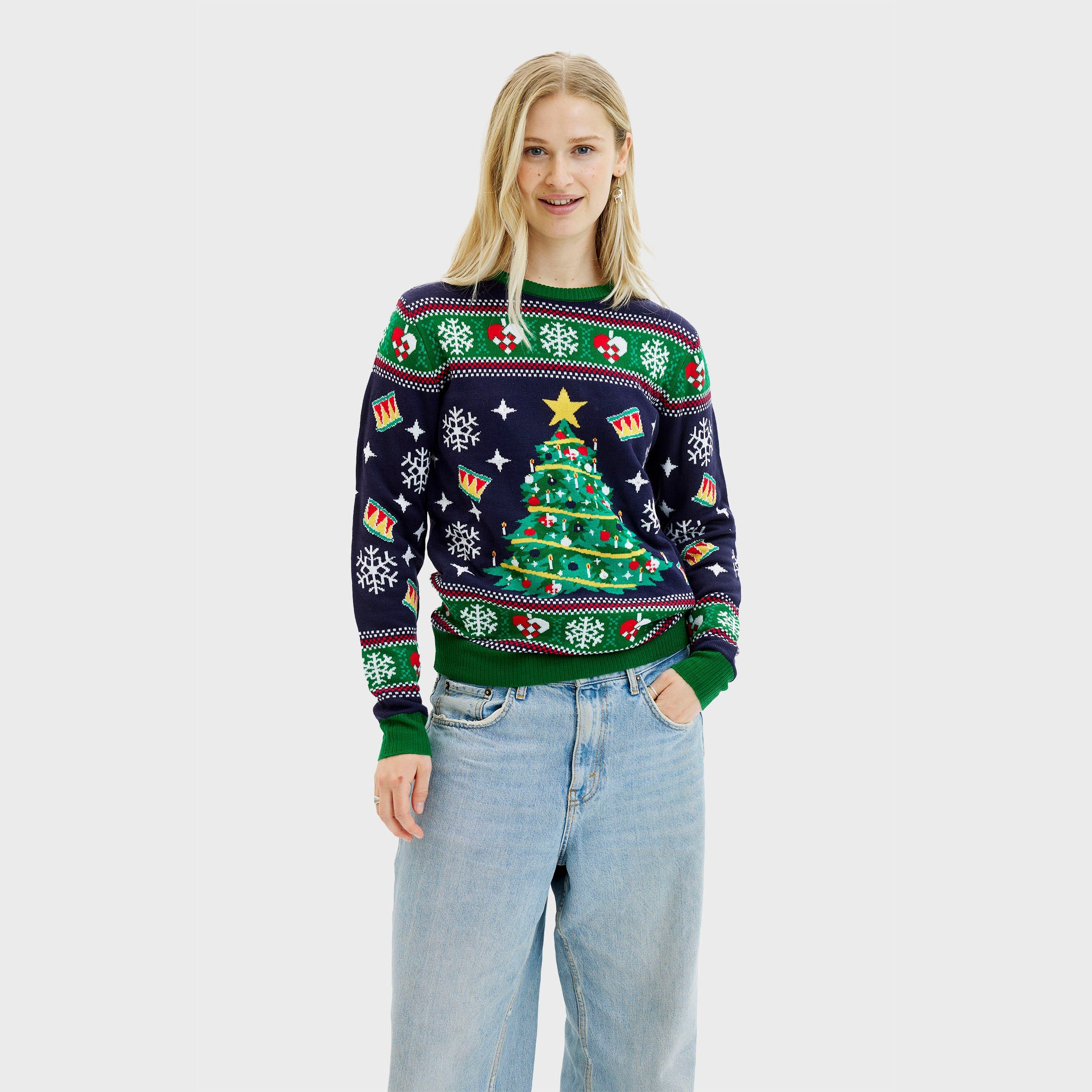 Damen Weihnachtspullover Dunkelblau mit LED Weihnachtsbaum Motiv, Acryl, festlich und gemütlich.
