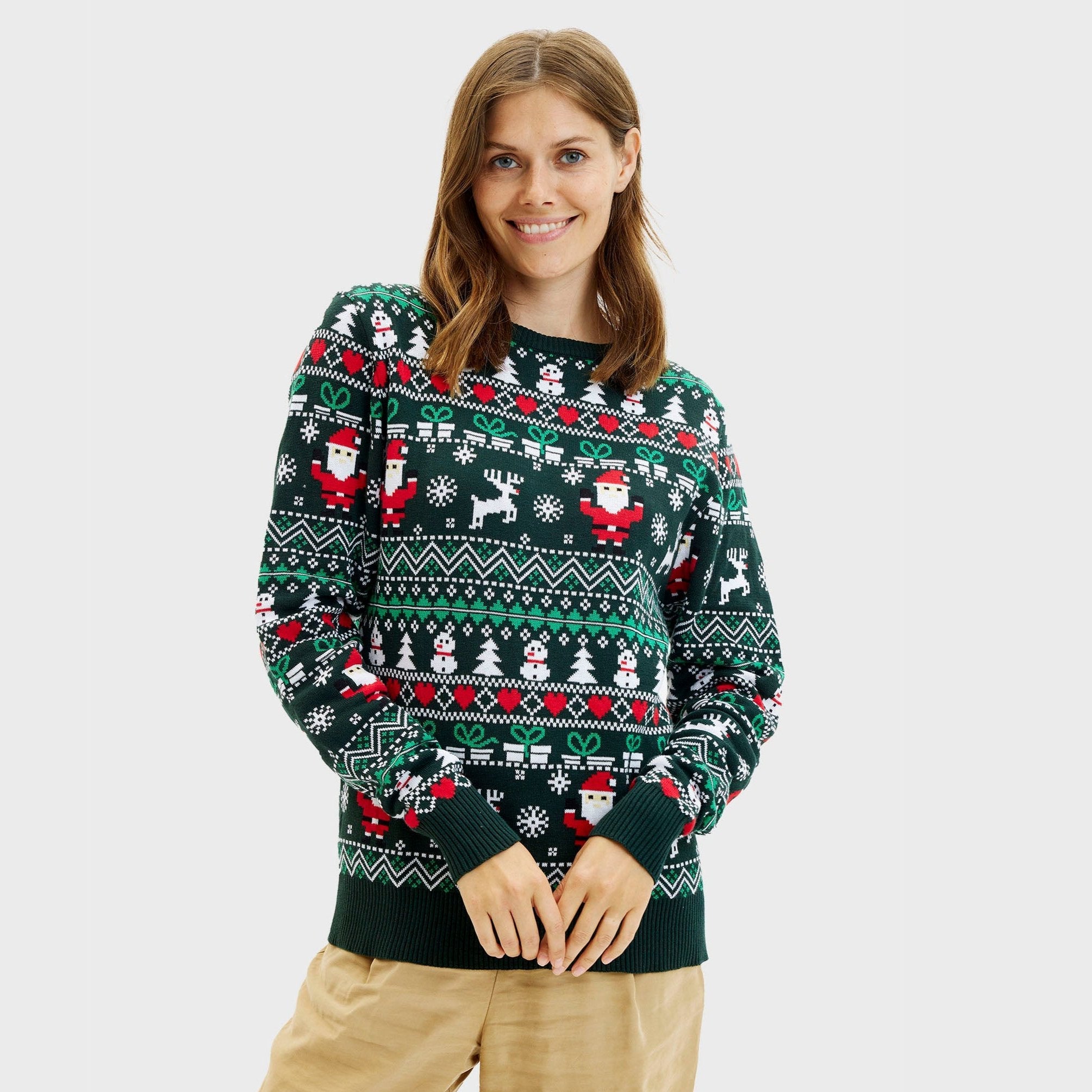 Grüner Weihnachtspullover Damen mit weihnachtlichem Muster und Rentierdesign, nachhaltig.