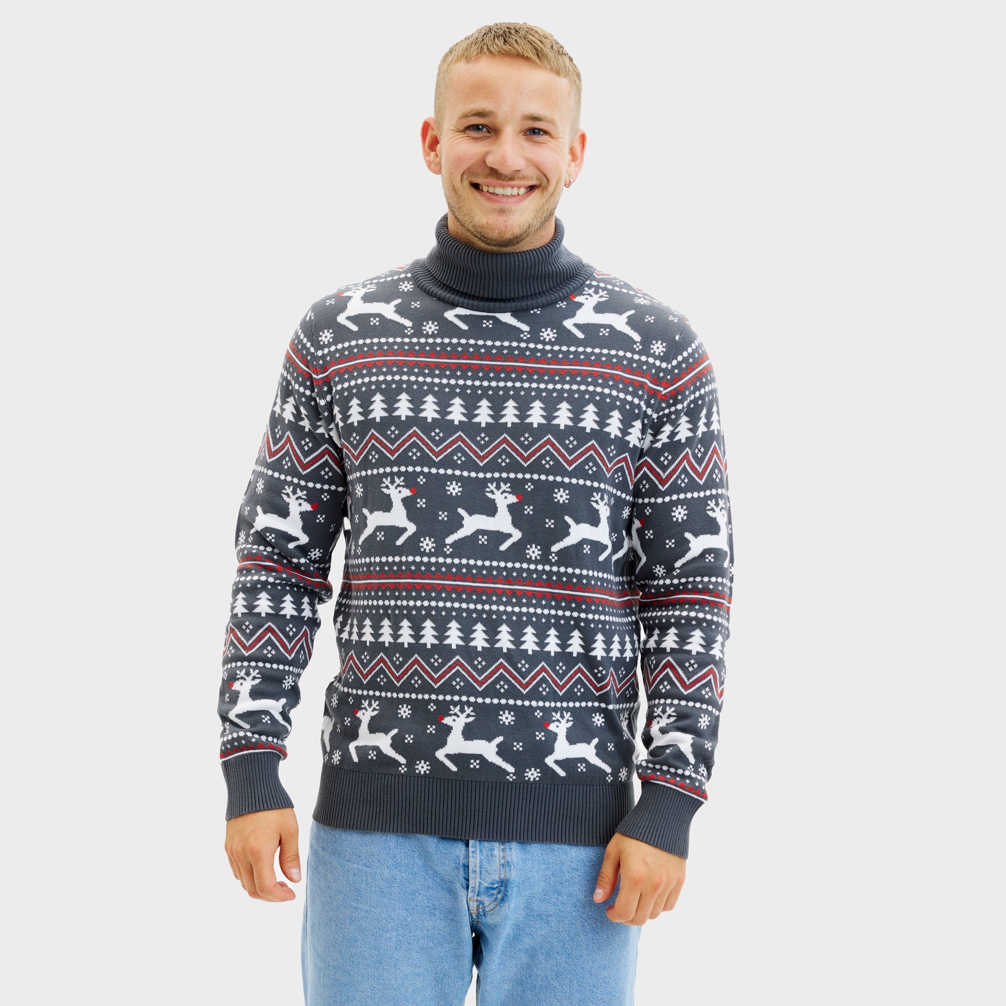 Grauer Weihnachtspullover Herren mit Rollkragen und Rentiermuster, nachhaltig und organisch.