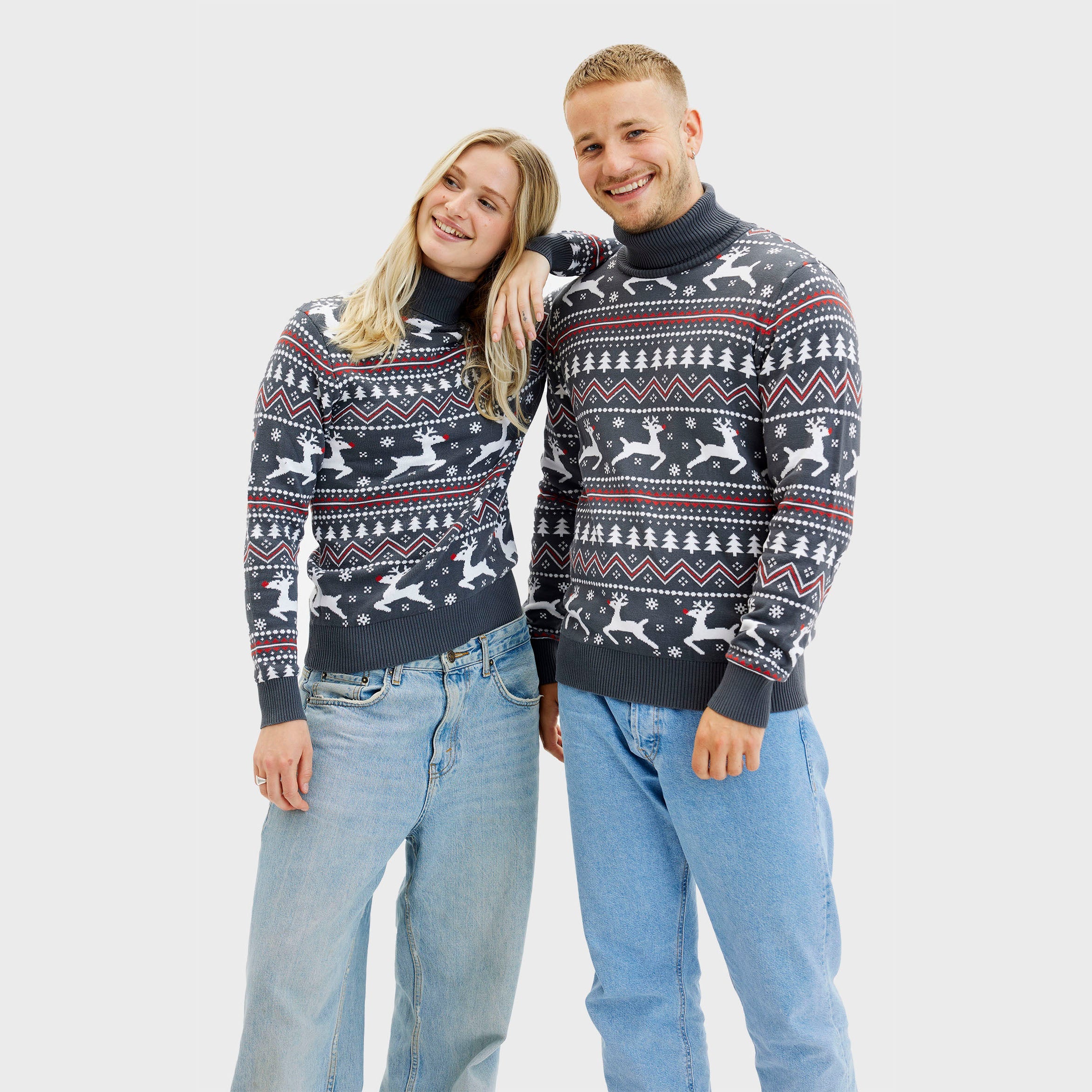 Weihnachtspullover Damen und Herren mit Rollkragen in Grau, Rentier- und Schneeflockenmuster, nachhaltiger Stoff.