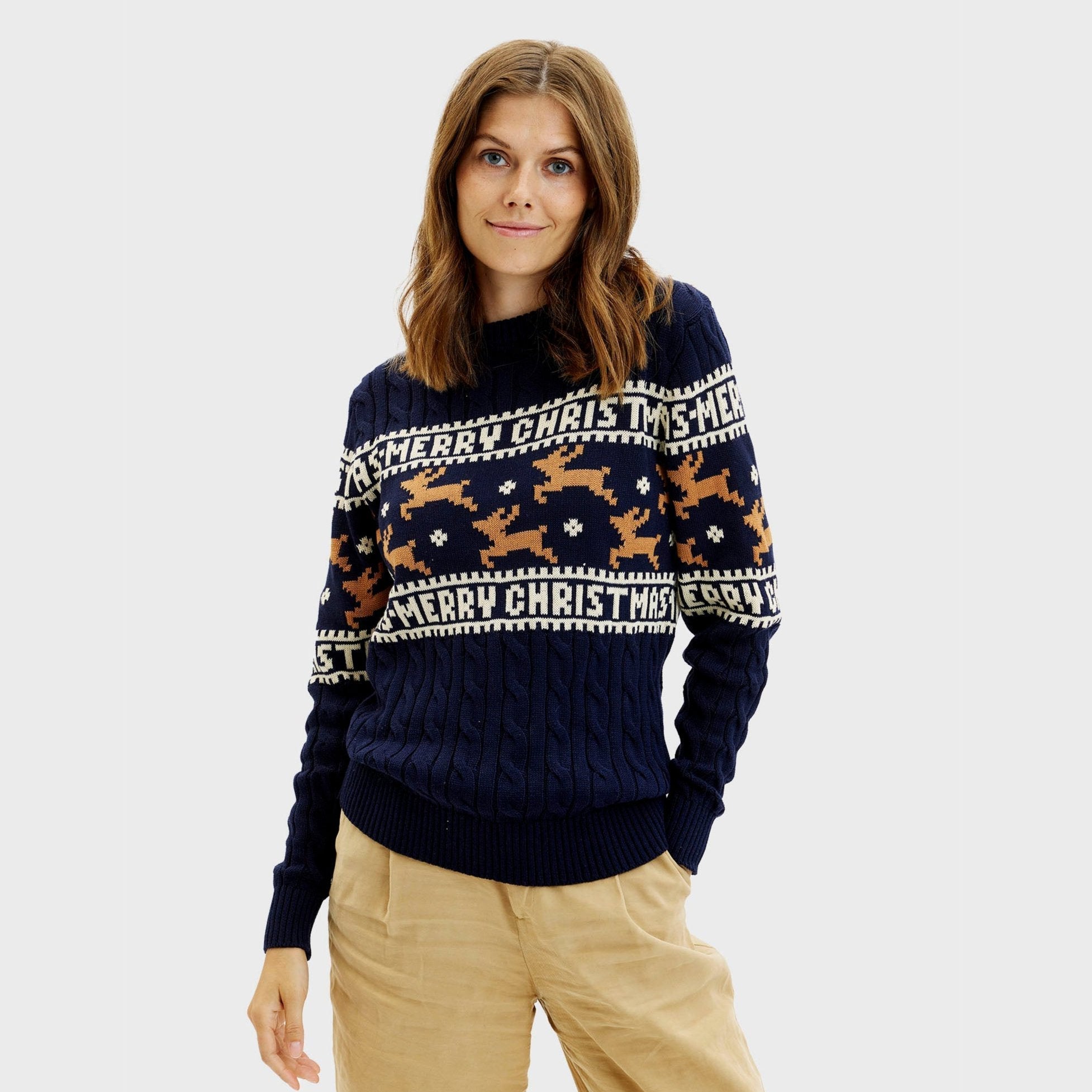 Dunkelblauer Weihnachtspullover Damen mit Rentier- und Schriftmuster, nachhaltige Baumwolle, XS.