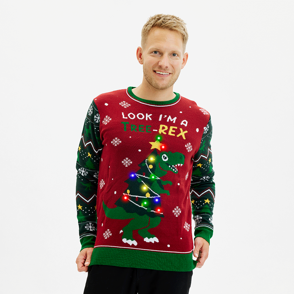 Rot-grüner Weihnachtspullover Herren mit Dinosaurier und LED-Lichterkette, Acryl, weihnachtspyjama herren.
