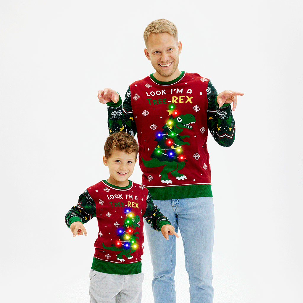 Rot-grüner Weihnachtspullover Herren und Kind mit leuchtendem T-Rex-Motiv, weihnachtspullover herren, weihnachtspullover.