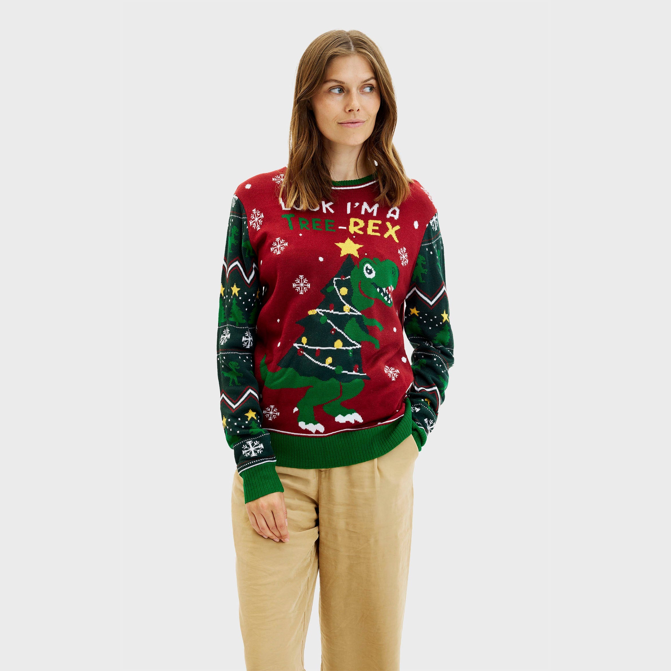 Roter Weihnachtspullover Damen mit grünem Dinosaurier und Weihnachtsbaummotiv, weihnachtspyjama damen, Acryl.
