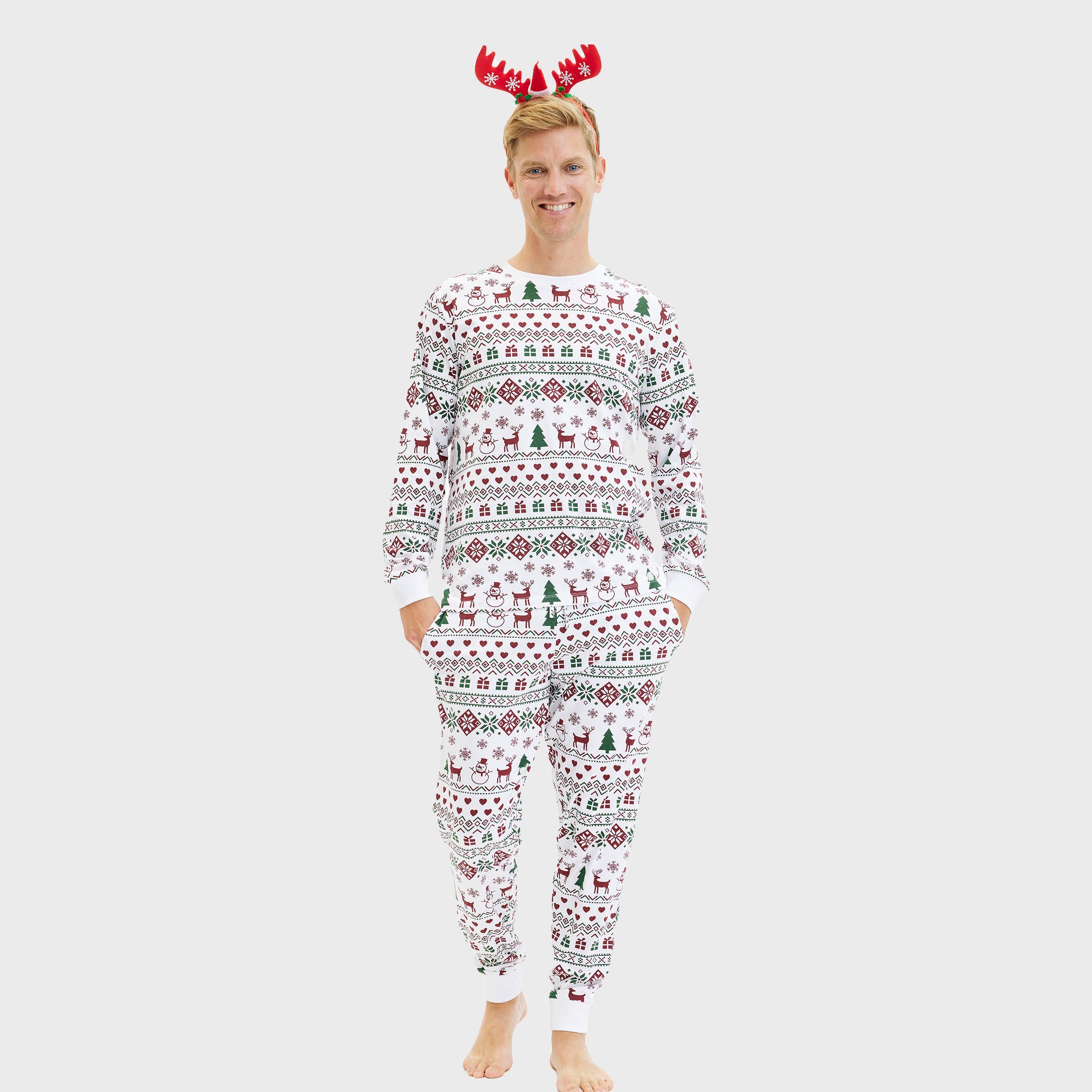 Weißer Weihnachtspyjama Herren mit Rentier- und Tannenbaum-Muster, nachhaltige Baumwolle, festlicher Weihnachtspullover.