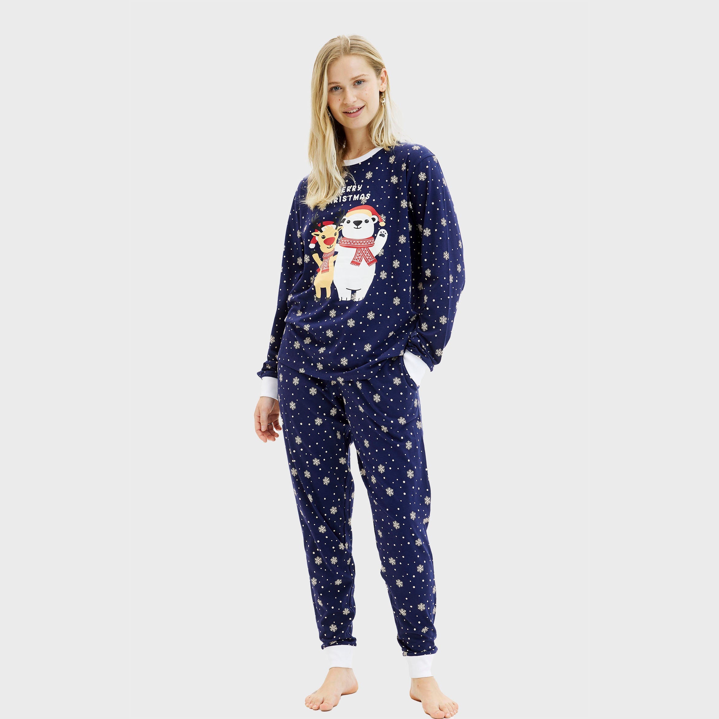 Damen Weihnachtspyjama in Dunkelblau mit Schneemann und Rentiermotiv, weihnachtspullover damen Design.