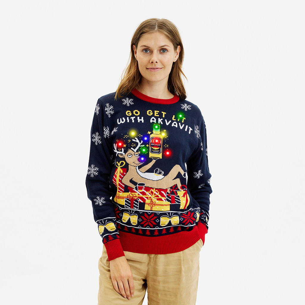 Damen Weihnachtspullover in Dunkelblau mit Rentier und bunten Lichtern, rot gerippte Bündchen, weihnachtspyjama damen.