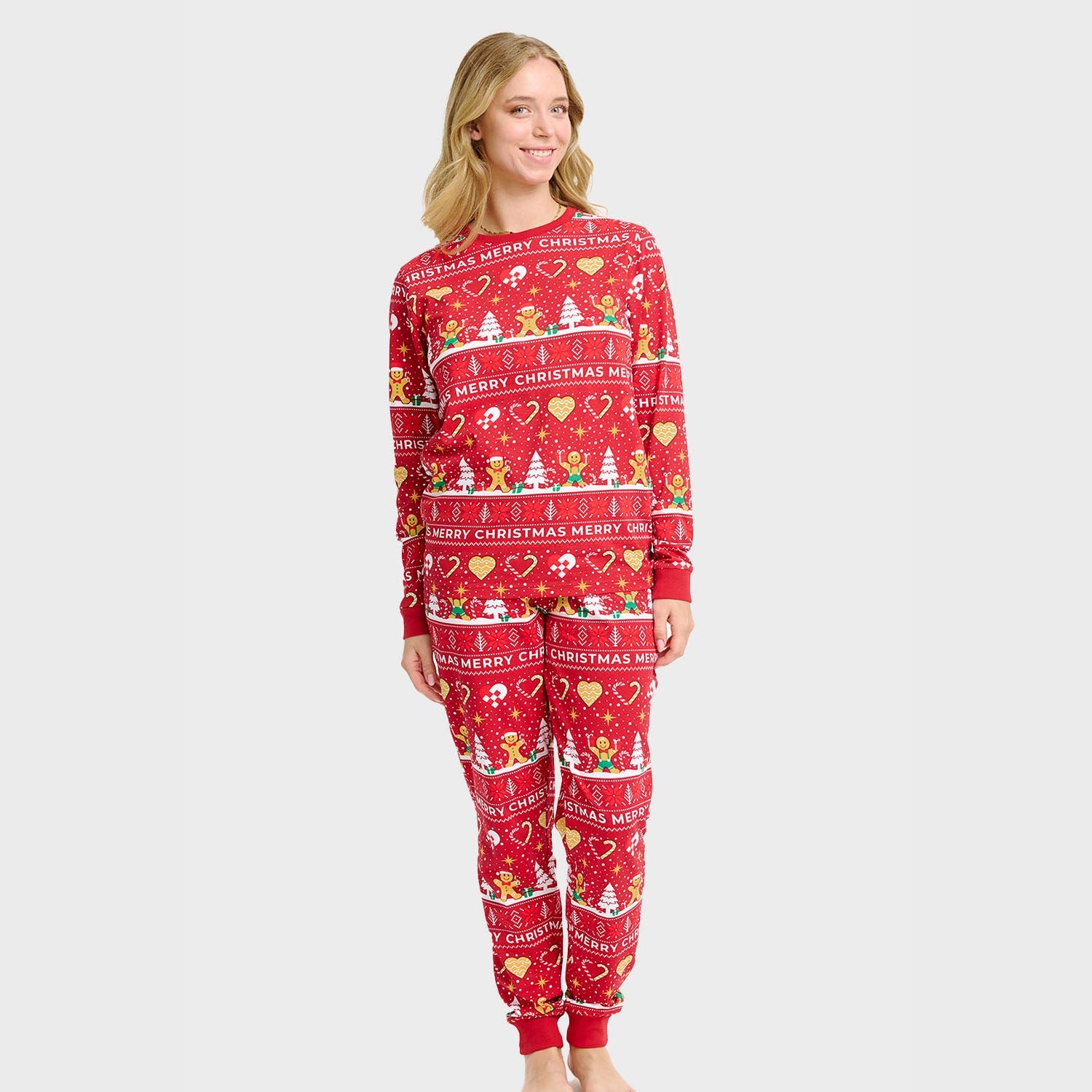 Rote Weihnachts-Pyjama Damen mit süßen Keks- und Rentiermotiven, langärmlig, aus Bio-Baumwolle, weihnachtspyjama damen.