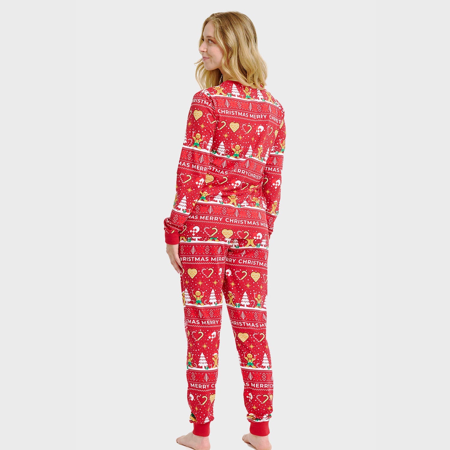 Roter Weihnachtskeks Julepyjama Damen mit weihnachtlichen Motiven, nachhaltige Baumwolle, weihnachtspyjama damen.