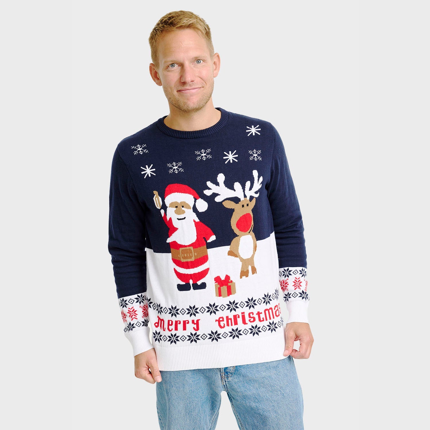 Blauer Weihnachtspullover Herren mit Santa, Rentier und Schneeflocken, nachhaltige Baumwolle.