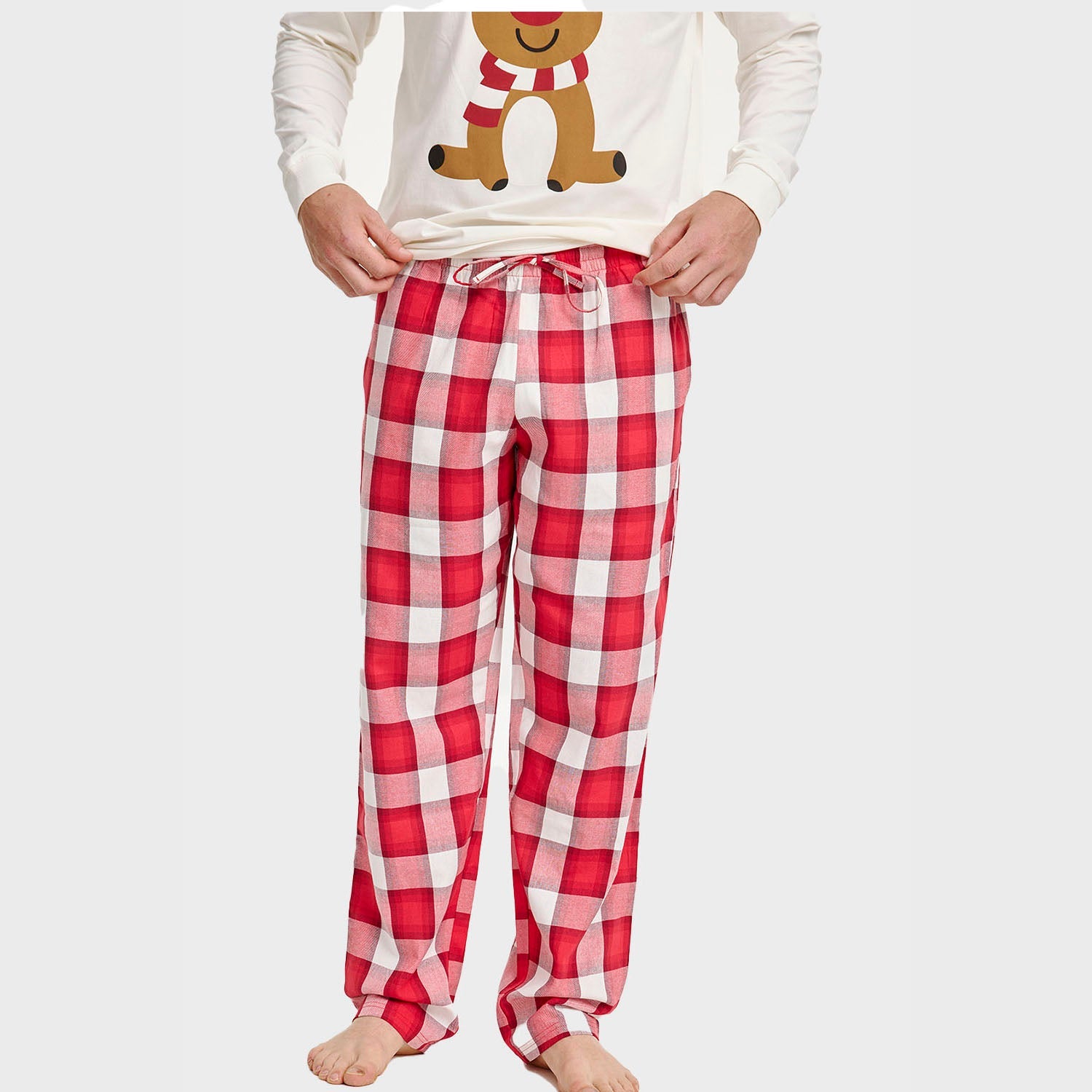 Rote und weiße karierte Pyjamahose aus Bio-Baumwolle, Teil eines weihnachtspyjama herren Sets.