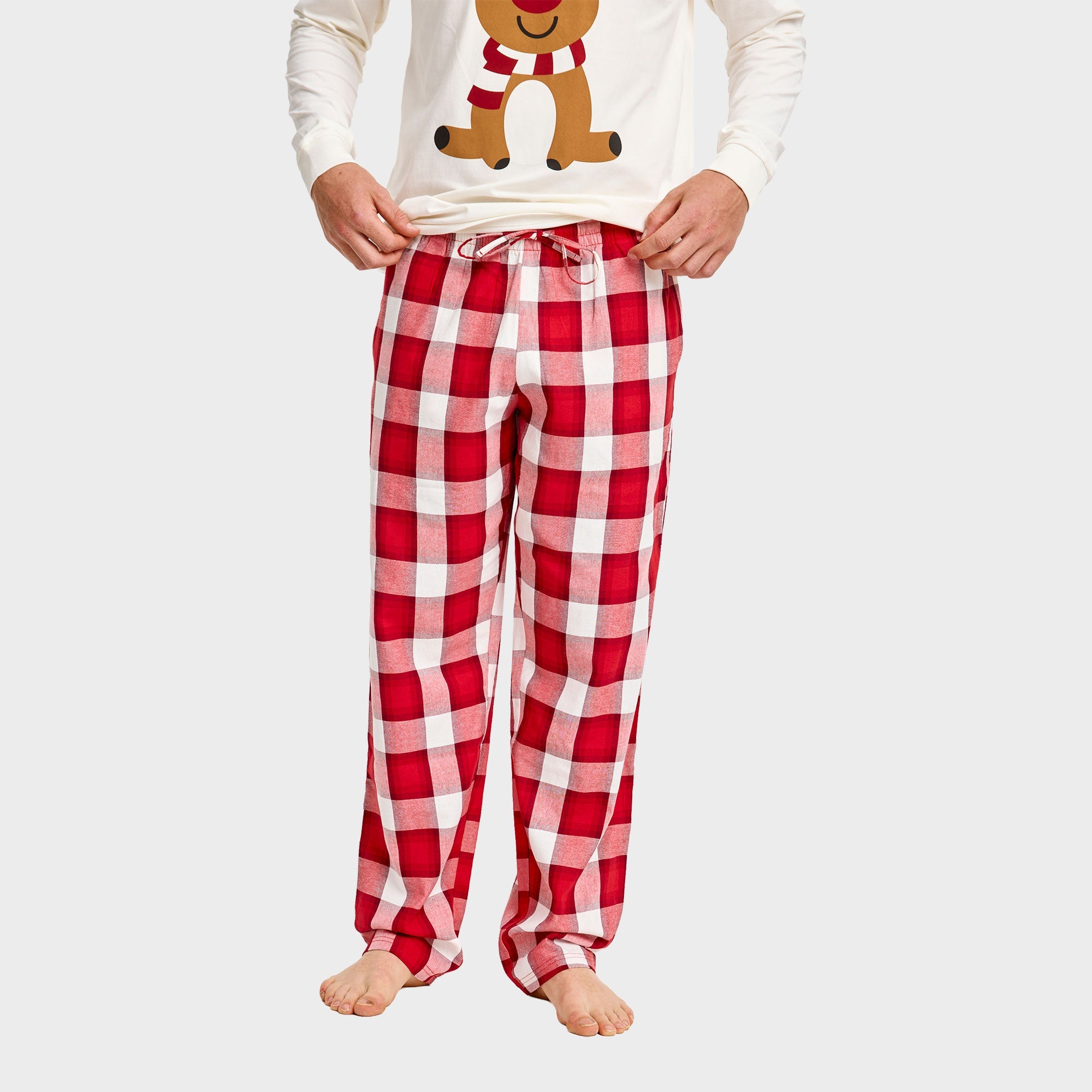 Rote und weiße karierten Flanell-Weihnachtspyjama-Hosen für Herren mit Kordelzugbund.
