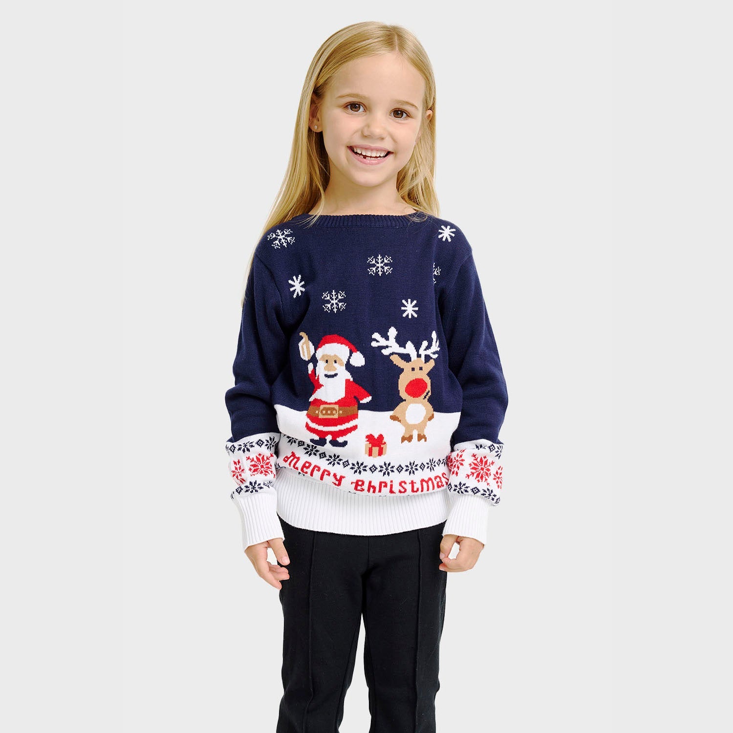 Blauer Weihnachtspullover Kinder mit Santa Claus, Rentier, Schneeflocken und Merry Christmas Schriftzug.