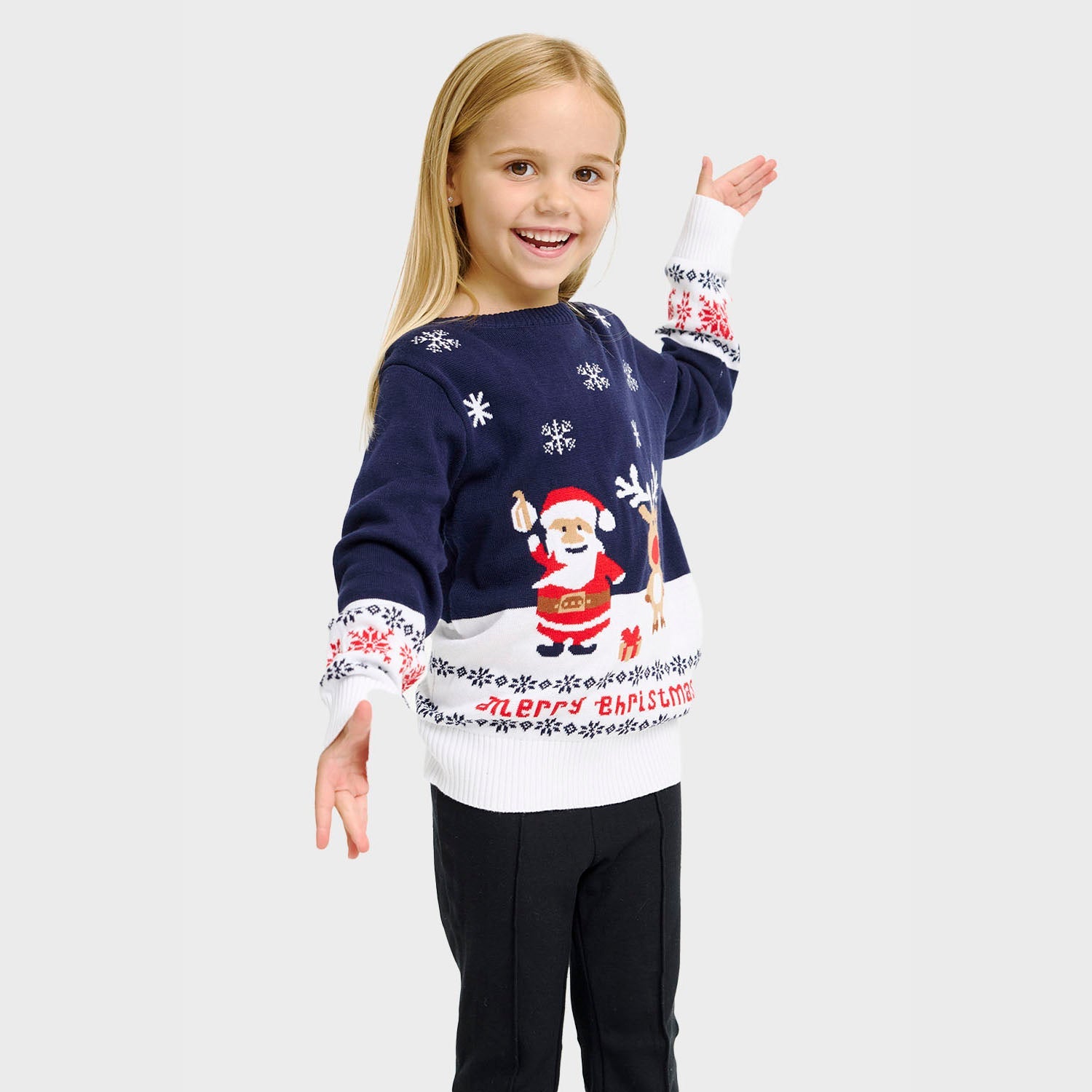 Kinder Weihnachtspullover in Blau mit Weihnachtsmann, Rentier, Schneeflocken und „Merry Christmas“ Schriftzug.