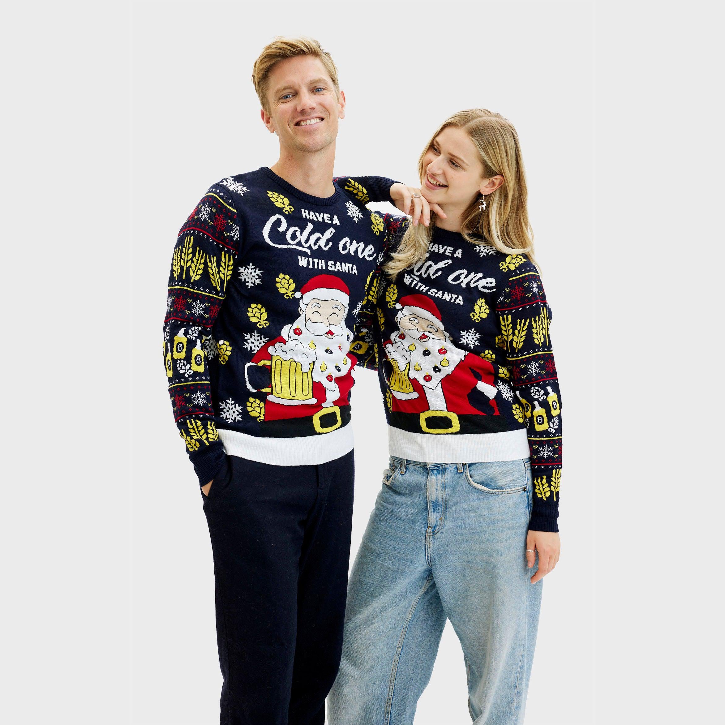 Weihnachtspullover Herren und Damen mit Santa-Motiv, LED-Lichtern, Acryl, in Schwarz und Rot.