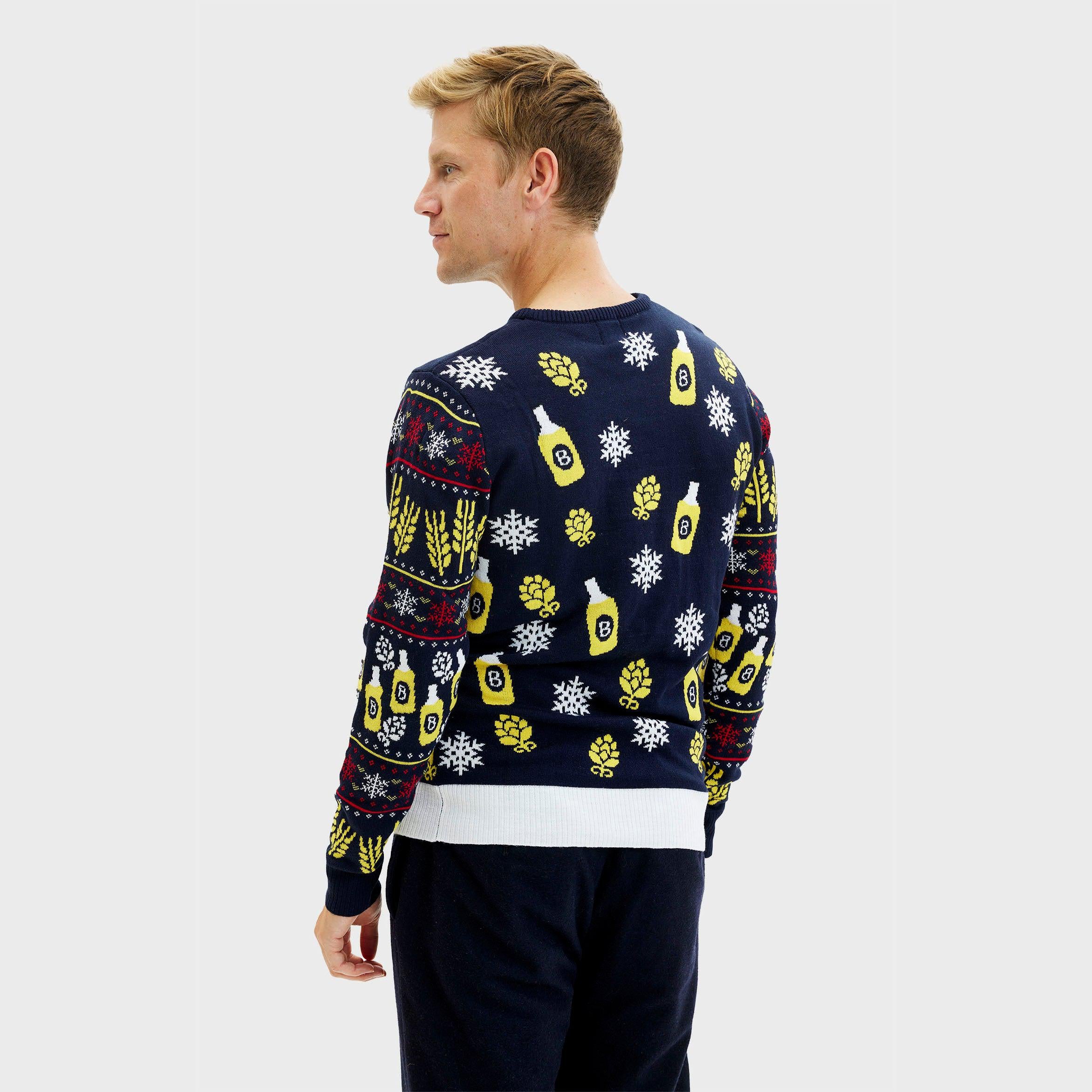 Dunkelblauer Weihnachtspullover Herren mit gelben Bierflaschen, Schneeflocken und roten Mustern, LED-beleuchtet.