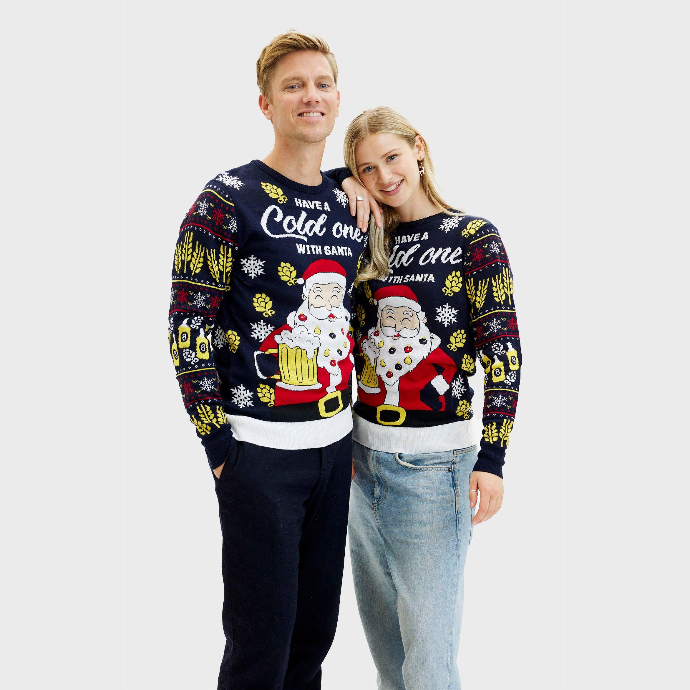 Dunkelblauer weihnachtspullover damen und herren mit LED-Santa-Motiv und festlichen Mustern.