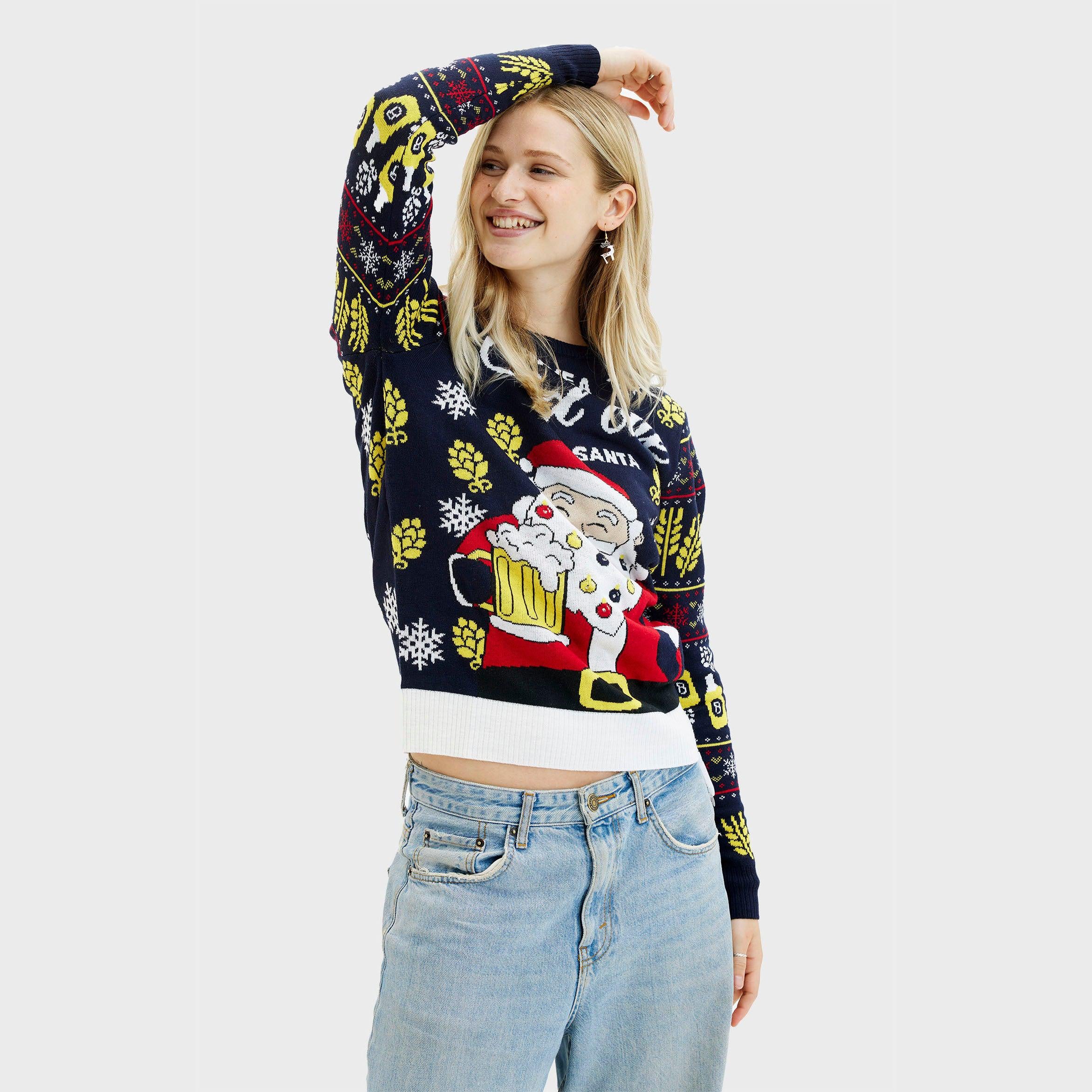 Weihnachtspullover Damen mit Santa-Motiv, LED-Lichtern und buntem Strickdesign.