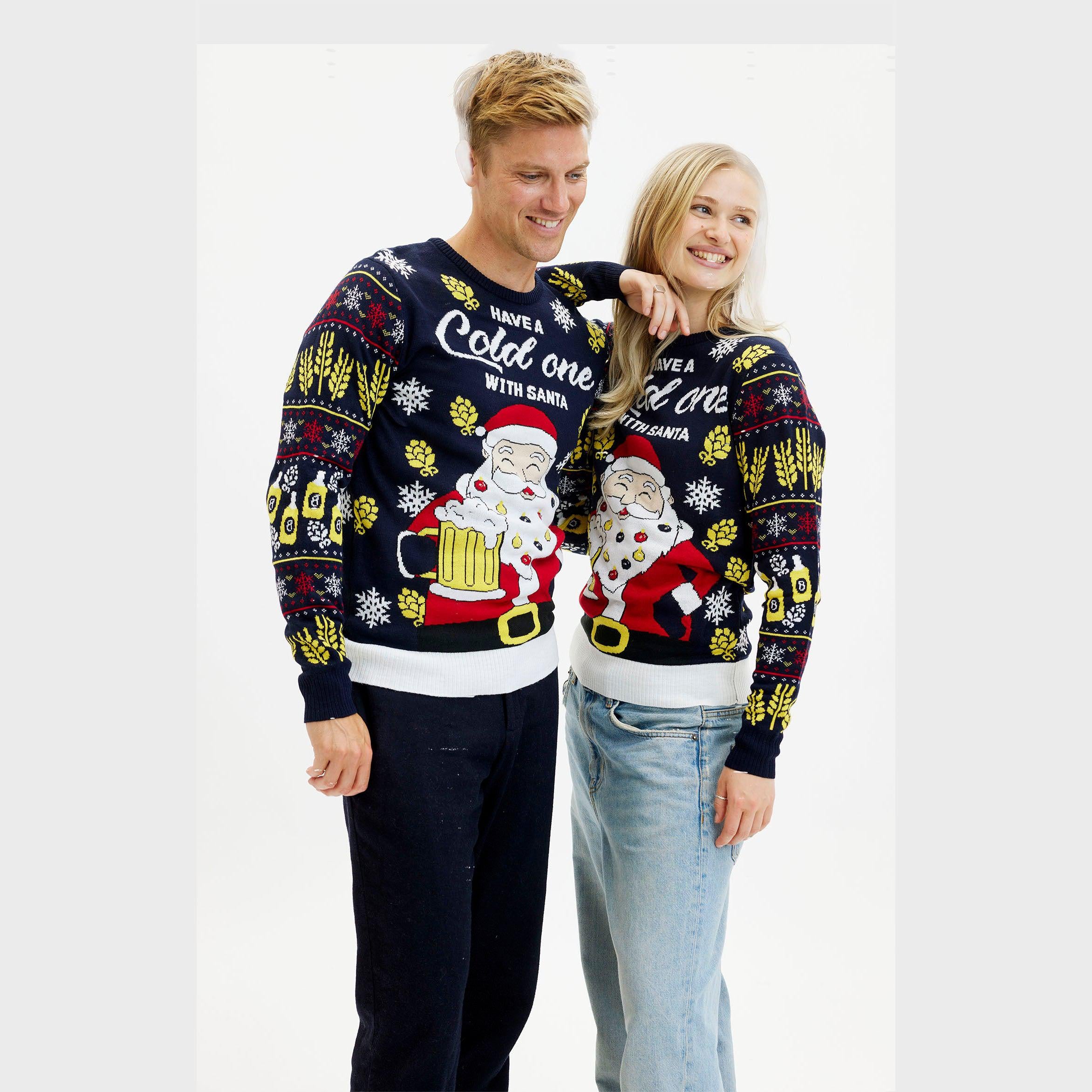 Weihnachtspullover Damen und Herren mit LED-Beleuchtung, Santa-Motiv, Acryl, festlich bunt.