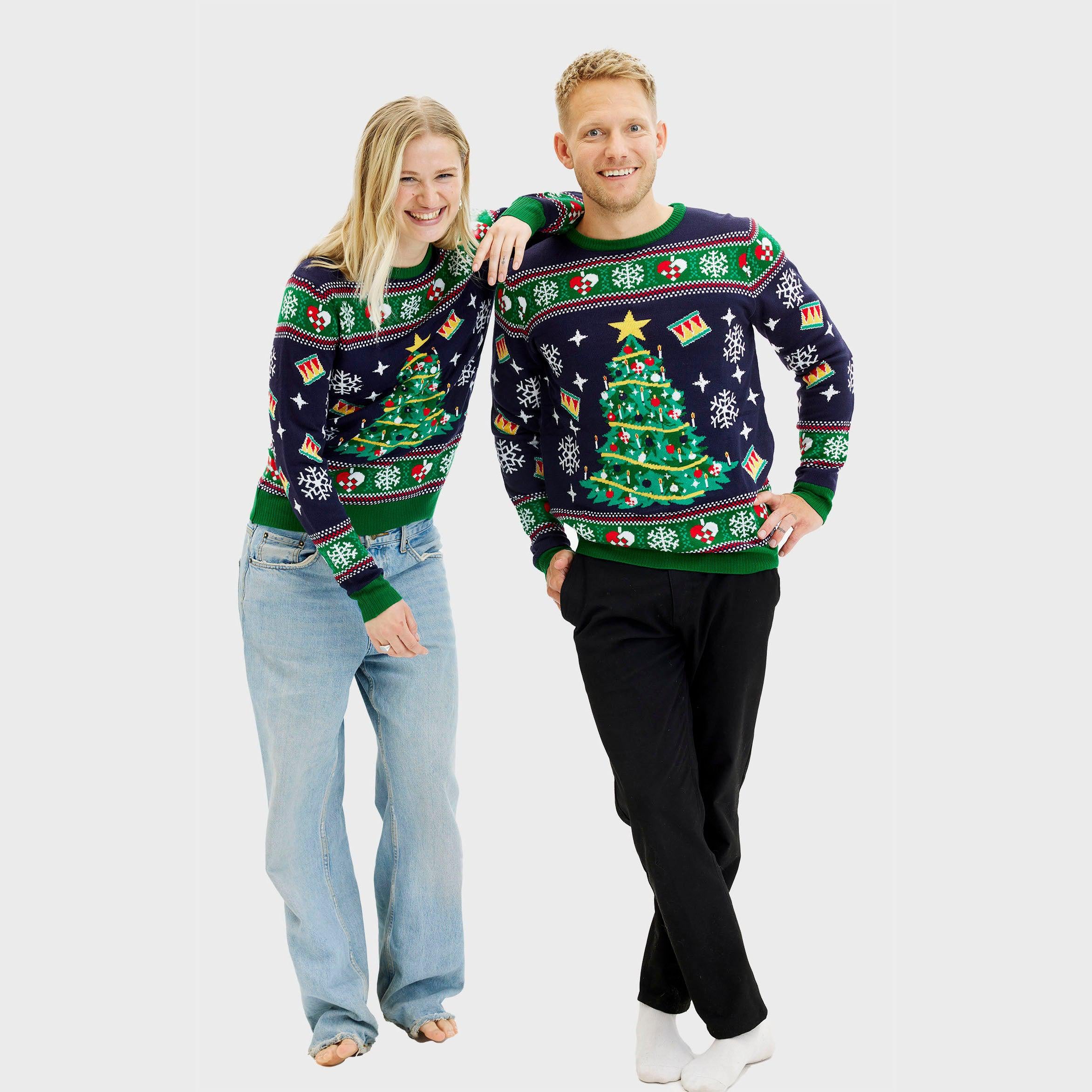 Dunkelblauer Weihnachtspullover Damen mit LED-Weihnachtsbaum, grüne Bündchen, Weihnachtsmotive, Weihnachtspullover Herren.