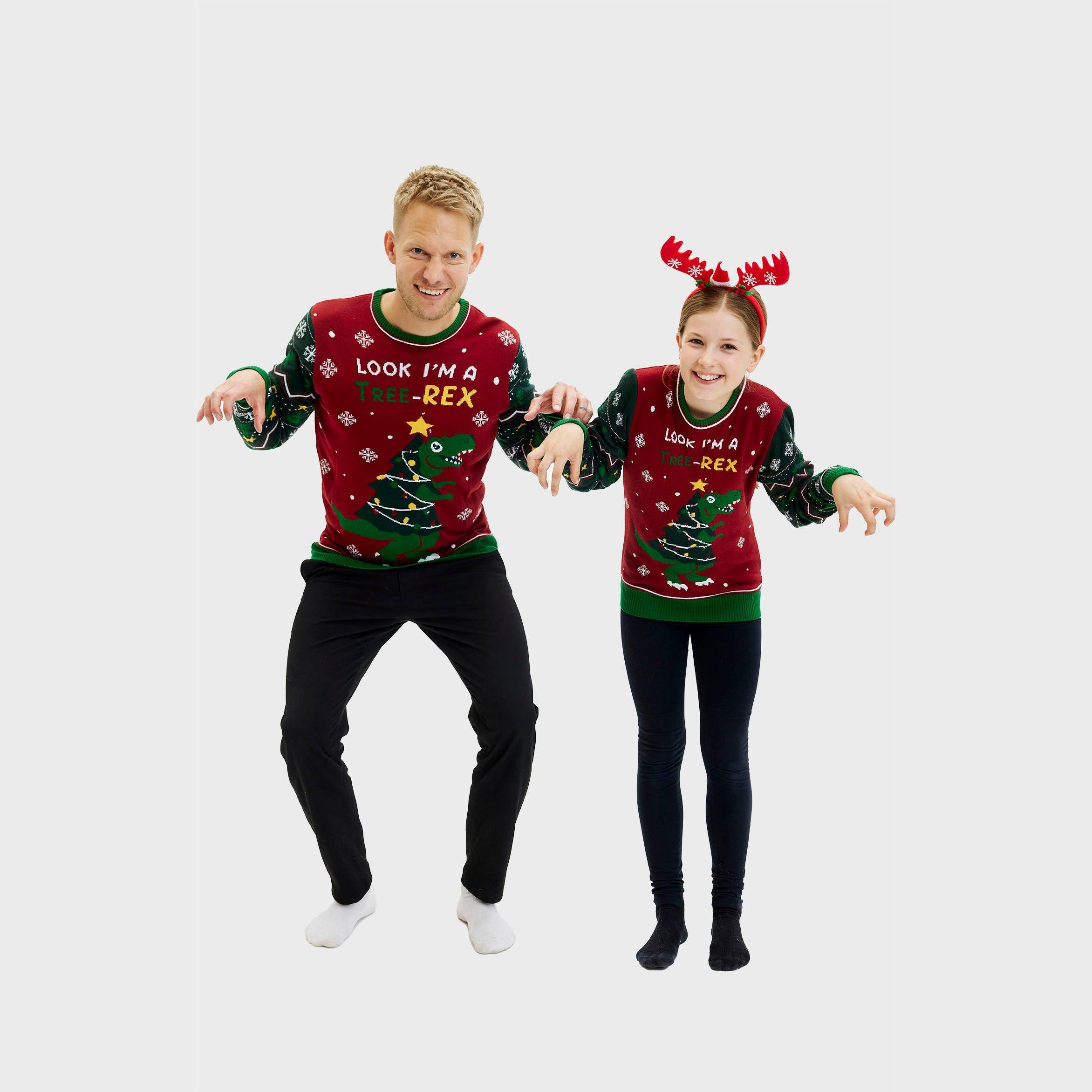 Weihnachtspullover Damen Tree-REX mit Dinosaurier-Design in Rot-Grün, weihnachtspyjama damen und herren, lustiger.