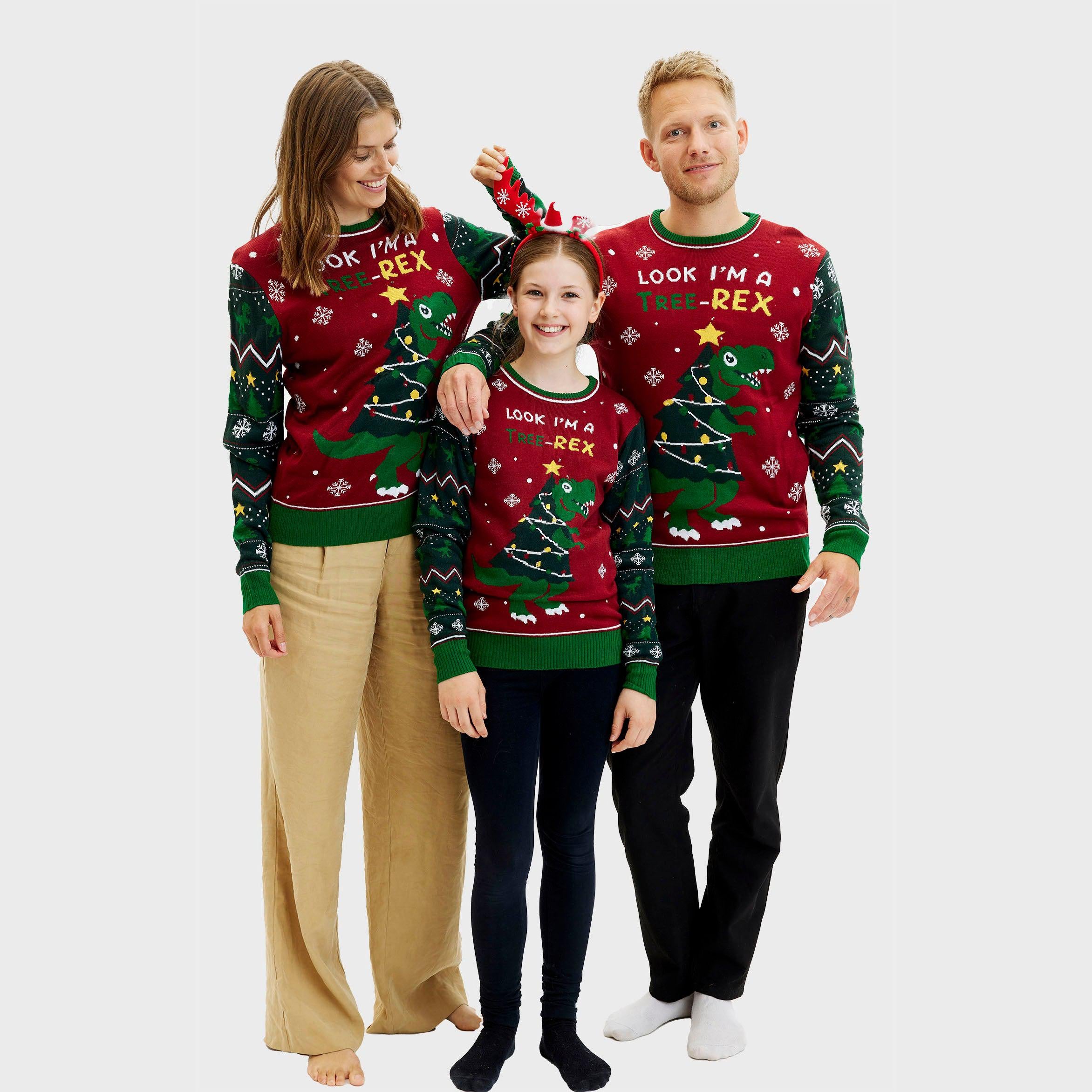 Grüner Weihnachtspullover Damen mit T-Rex, rote und weiße Weihnachtsdetails, Weihnachtsbaum-Motiv, Weihnachtspyjama Damen.