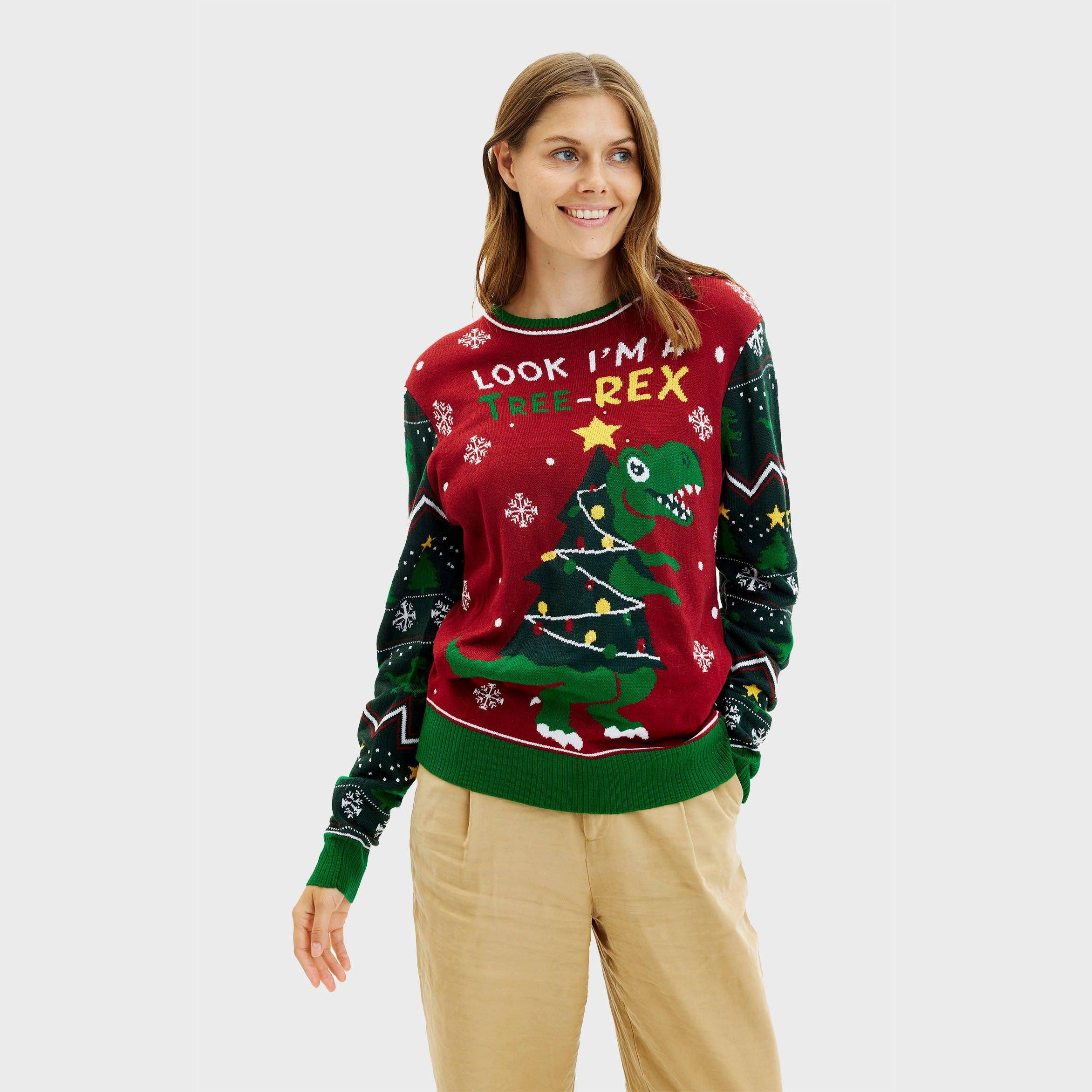 Roter Weihnachtspullover Damen mit grünem Dinosaurier, Tannenbaum-Motiv und Schriftzug 