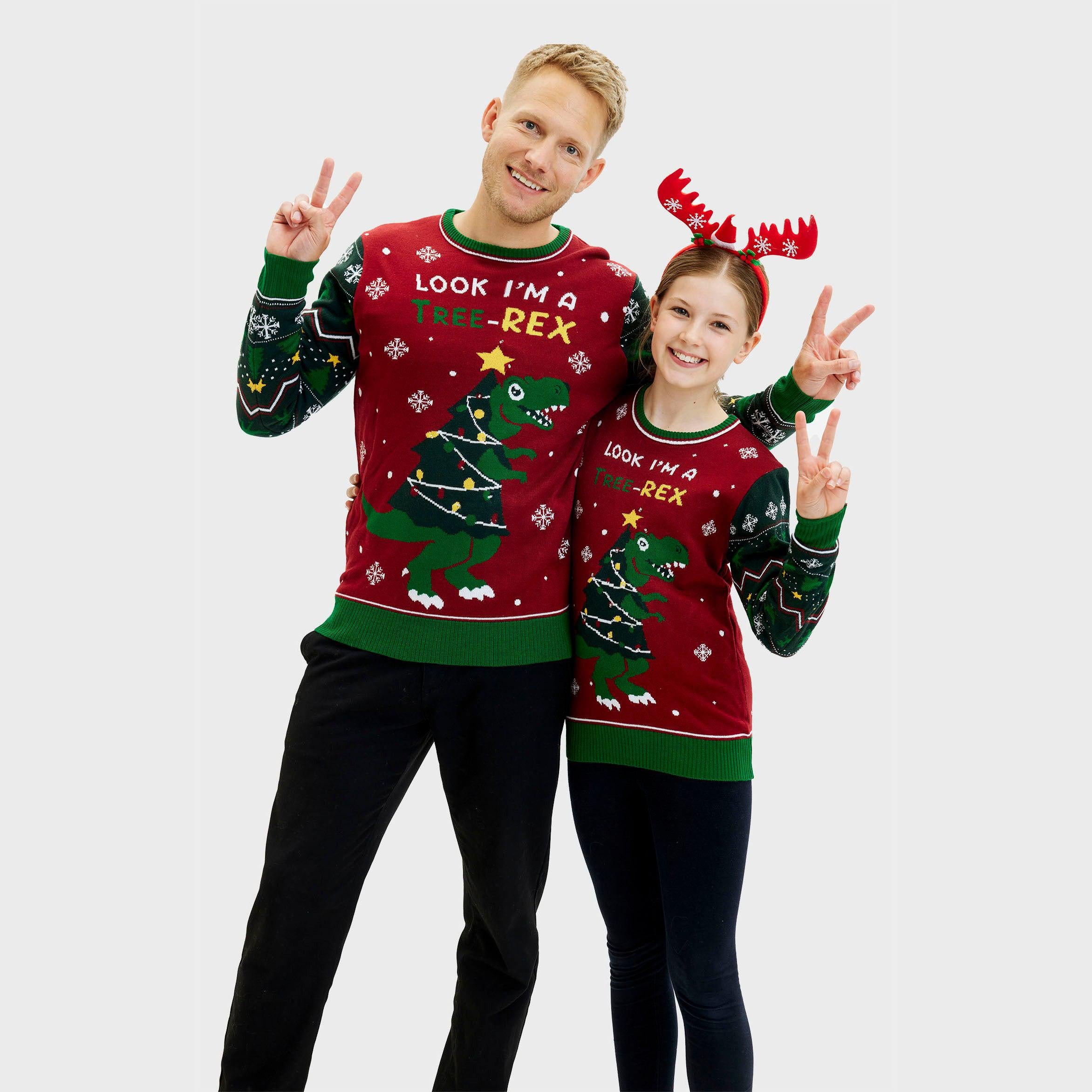 Weihnachtspullover Damen und Herren mit Dinosaurier-Print und Baum in Rot und Grün, weihnachtspyjama Set.