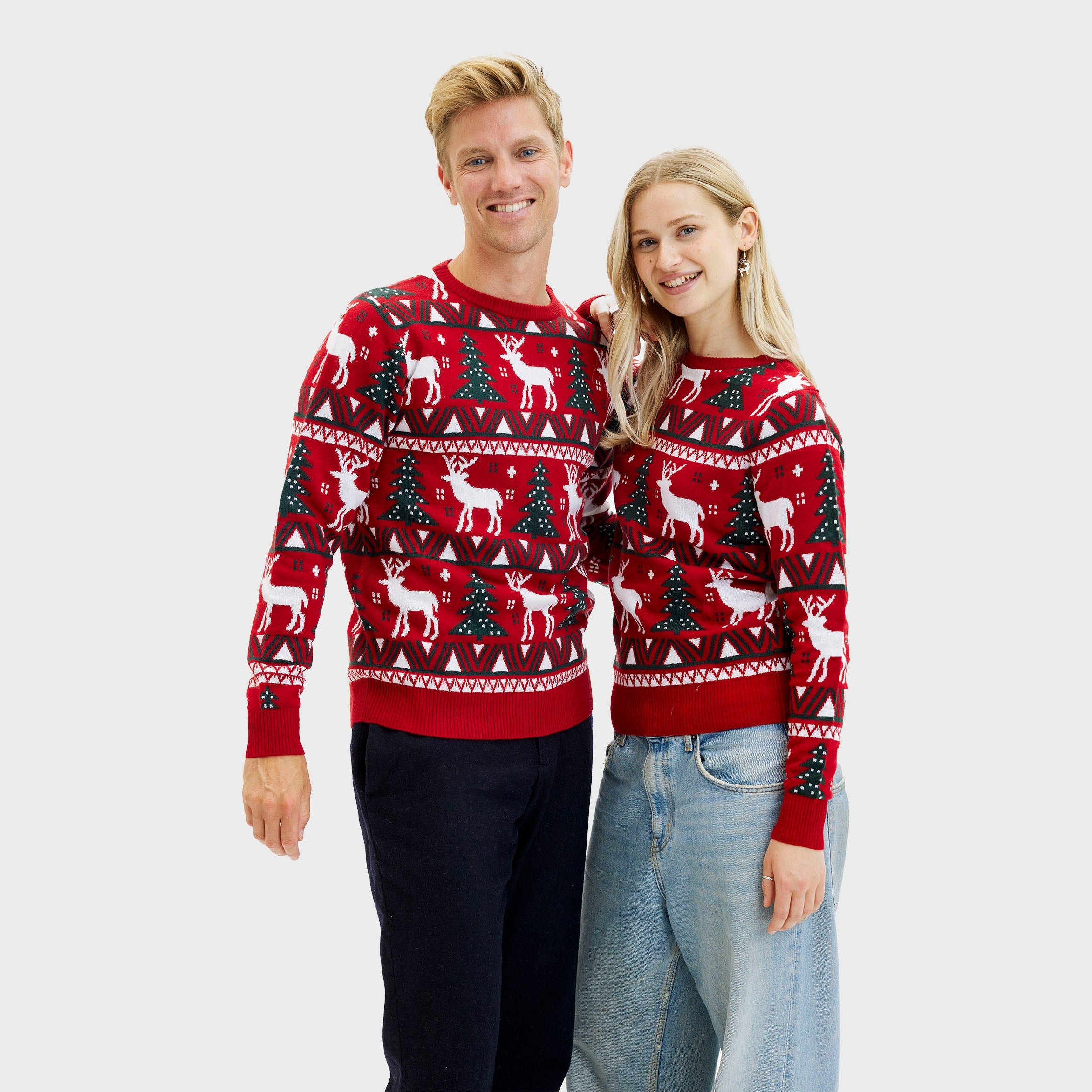 Roter Weihnachten Weihnachtspullover Damen Herren mit Rentier- und Schneeflockenmuster, unisex Weihnachtspyjama Design.