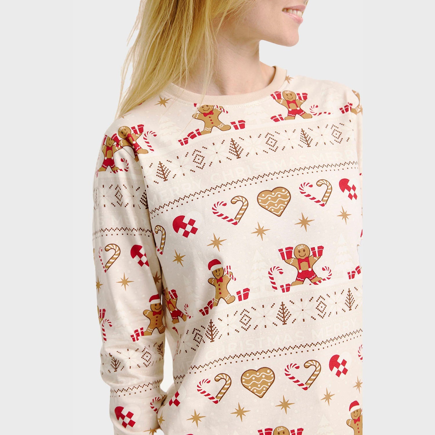 Beiger Weihnachtspullover Damen mit Lebkuchen- und Herzmotiven, nachhaltige Weichheit, Weihnachts-Pyjama Damen.
