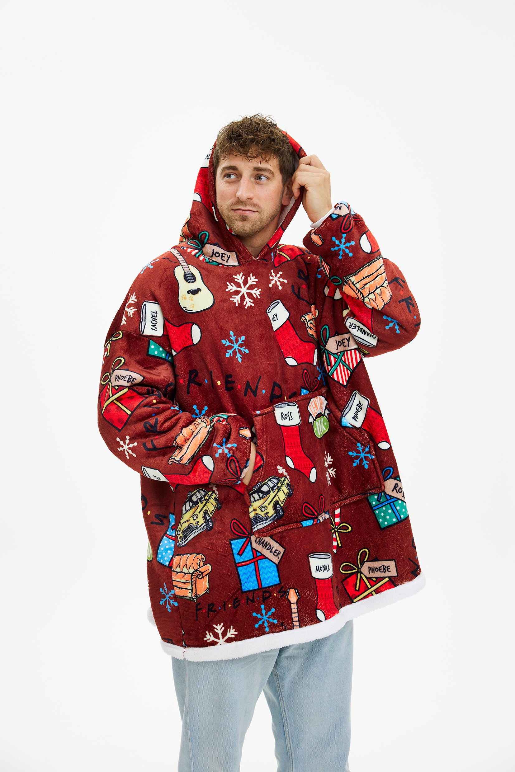 Roter Weihnachtspullover Herren und Damen mit Geschenk- und Schneeflockenmustern, gemütlicher Weichheit, weihnachtspyjama.