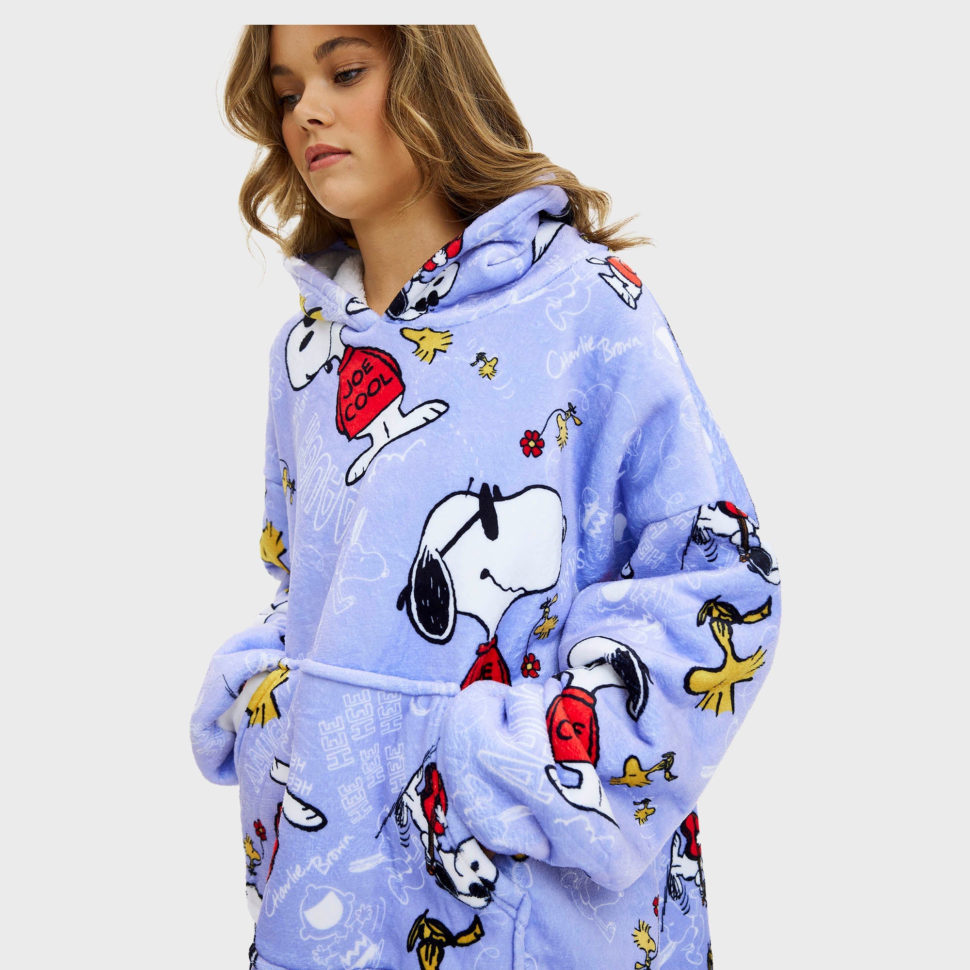 Hellblauer Weihnachtspyjama-Dreamhoodie mit Snoopy und Woodstock, Unisex-Weihnachtspullover.