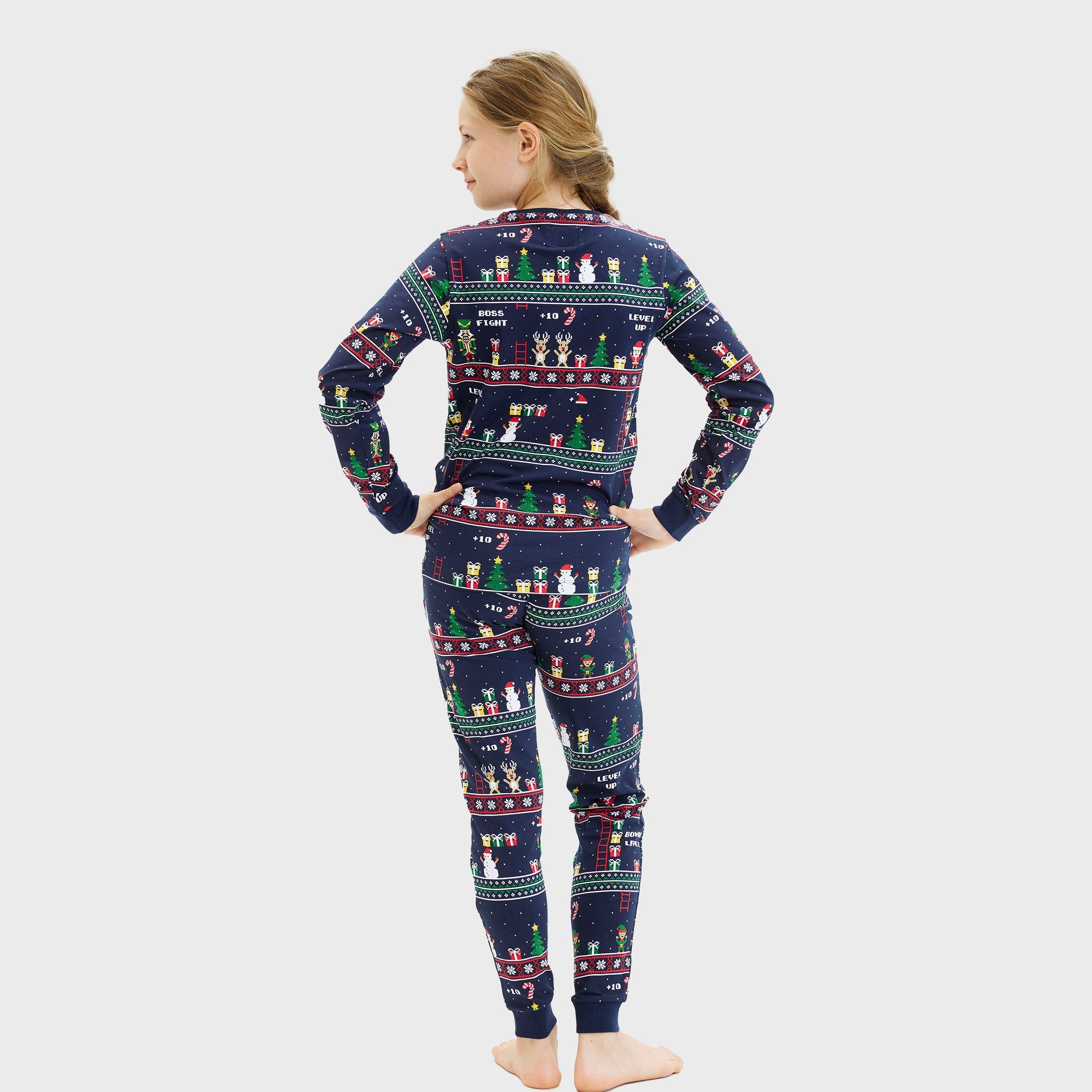 Kinder-Weihnachtspyjama mit Vintage-Gamer-Muster in Blau-Grün, weihnachtspullover-damen Stil.