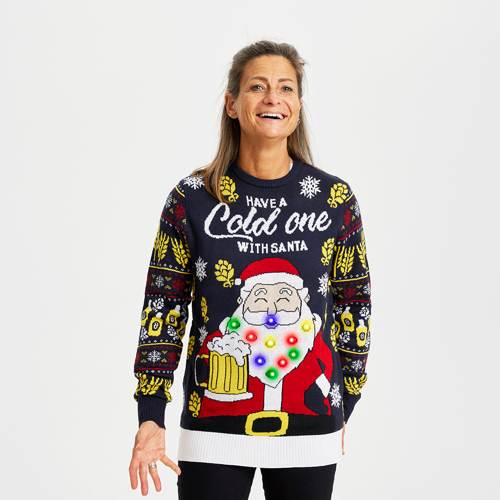 Damen Weihnachtspullover mit Santa-Motiv, LED-Beleuchtung, bunte Lichter, Acryl, festlich.