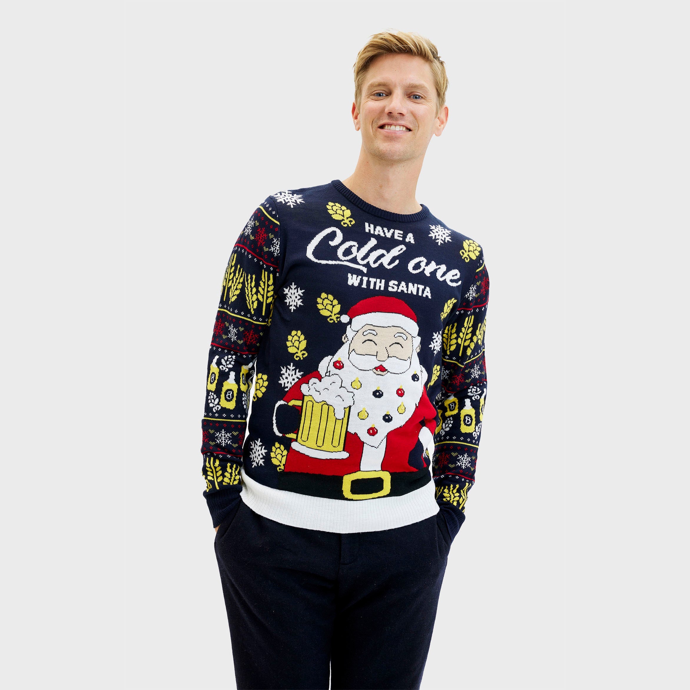 Weihnachtspullover Herren mit beleuchtetem Weihnachtsmann, Bierkrug und Schriftzug "Have a Cold One With Santa".