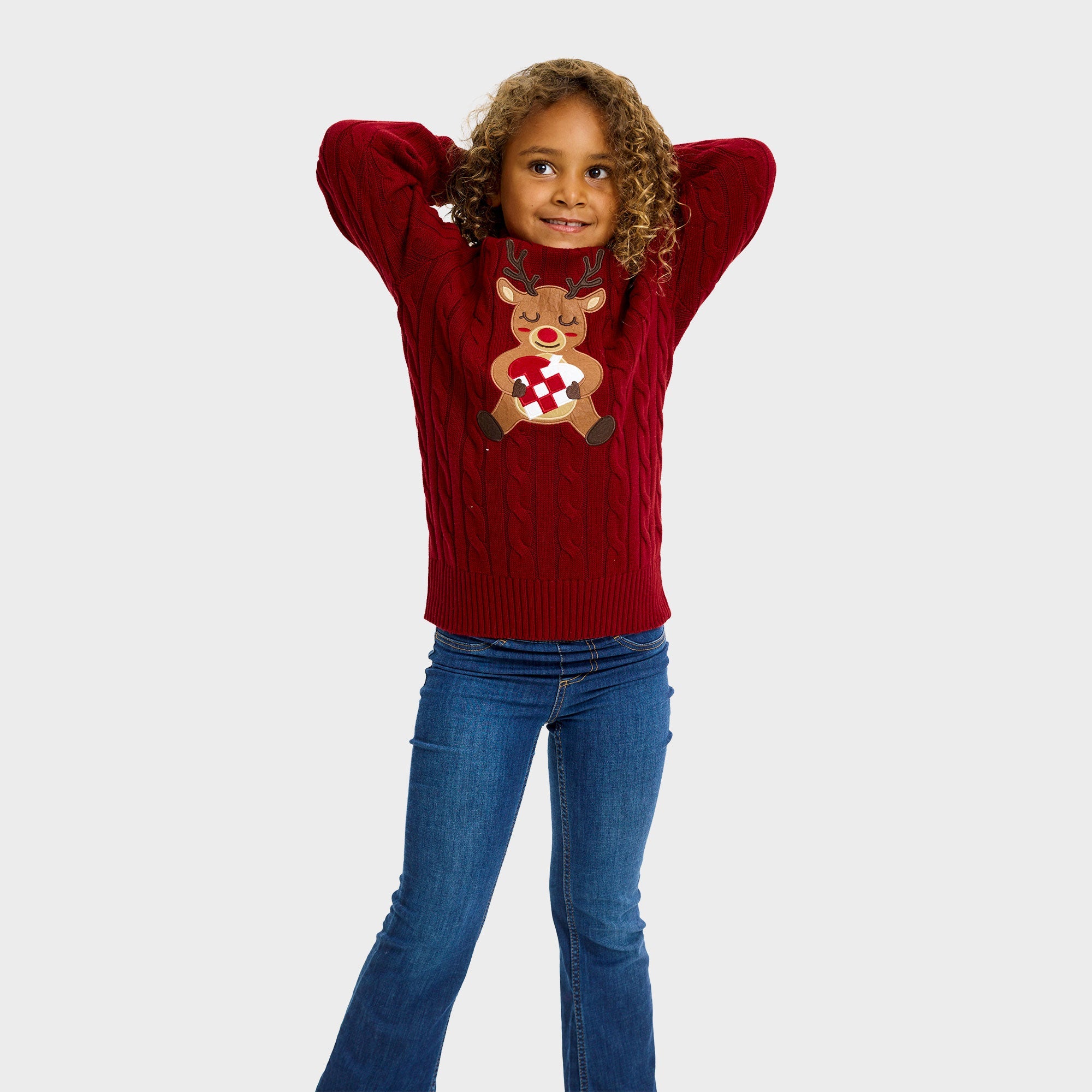 Loving Reindeer Cable Knit Weihnachtspullover - Kinder