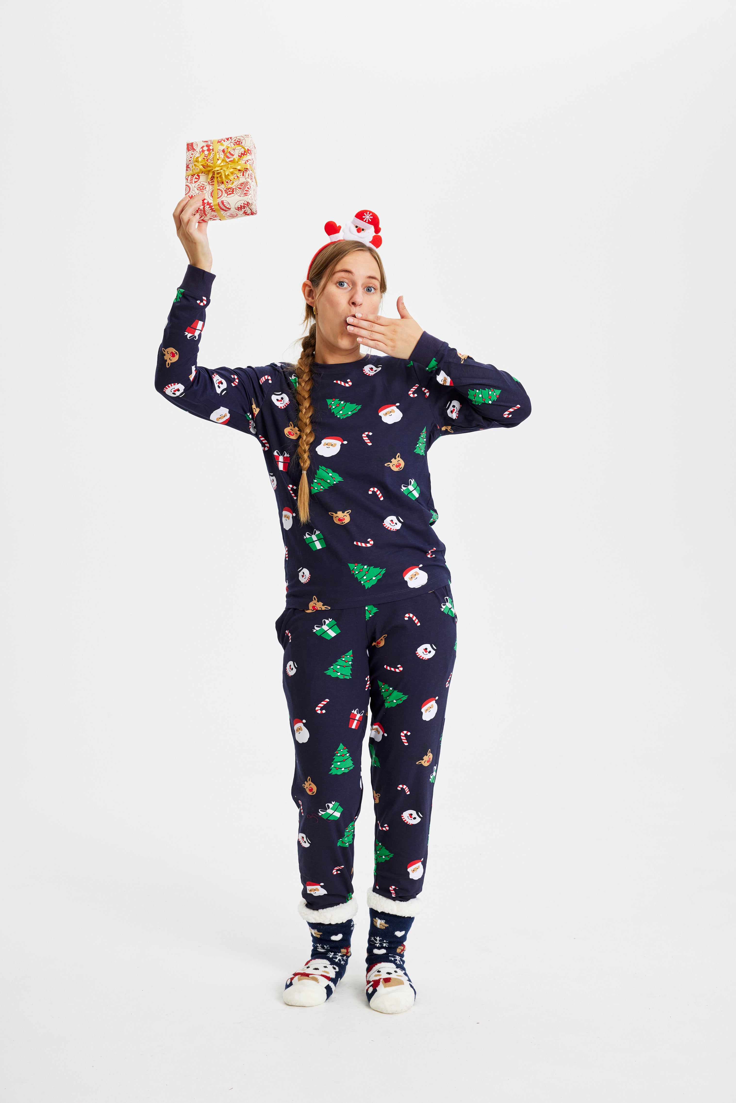 Damen Weihnachtspyjama Navy mit buntem Weihnachtsmotiv, langärmelig, weihnachtspullover damen, gemütlich, weihnachtspyjama.