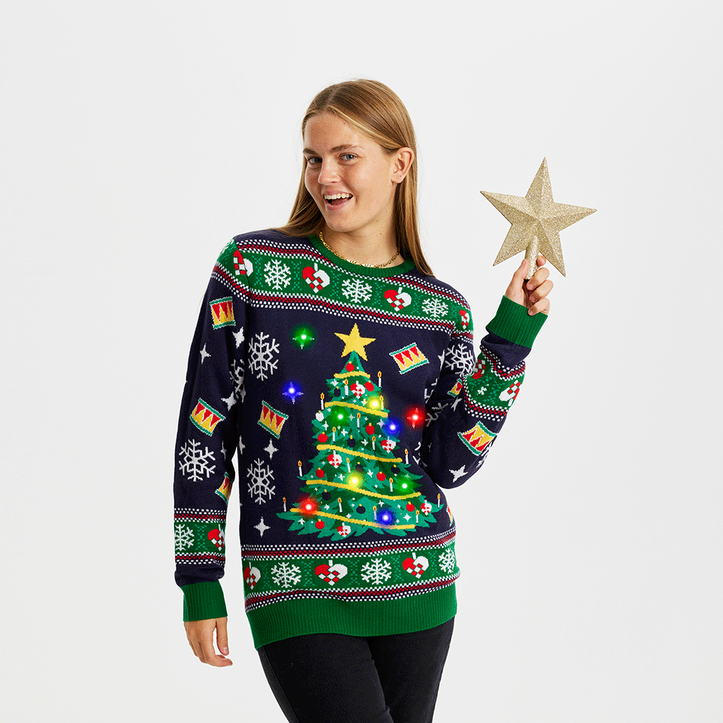 Damen Weihnachtspullover Navy mit LED-Weihnachtsbaum und bunten Festmotiven, Acryl.